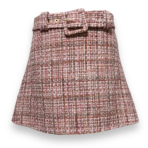 Zara Skirt Pink Tweed Boucle Belted Mini Short Preppy Medium - Picture 9 of 11